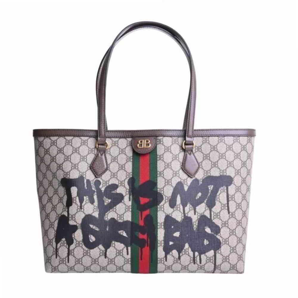 Gucci Balenciaga Collaboration Ophidia GG Supreme Graffiti Tote Bag Beige